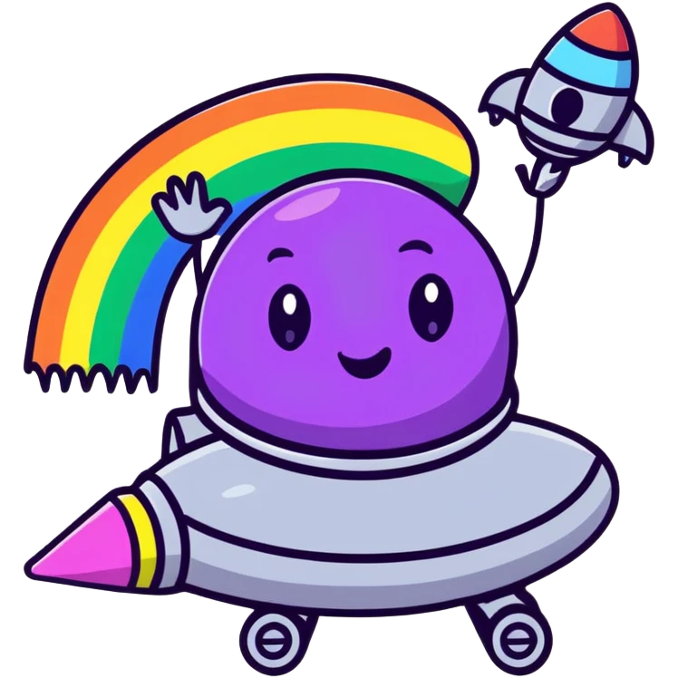 A cheerful rainbow crayon character waving while riding a silver UFO with glowing lights emoji