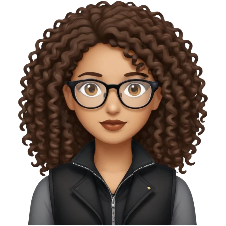 Mixed girl /curly long hair brown / with brown eyes glasses black vest  emoji