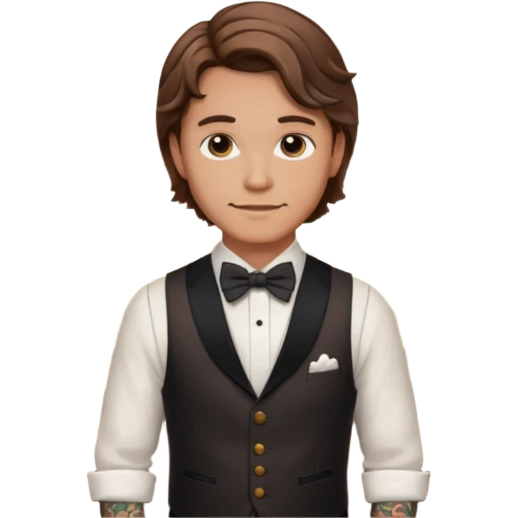 a bartender man with bow tie and vest, having brown wavy hair and tattoo 















 emoji
