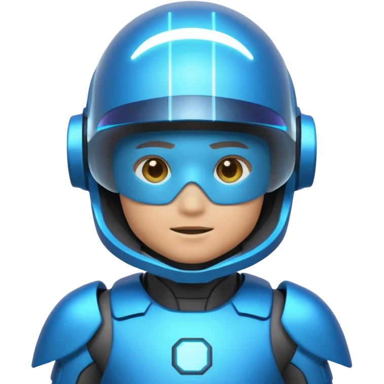 “Futuristic Roblox boy emoji, 2050 style. Blue neon visor, cyber helmet, metallic skin glow, hologram lines, tech-suit with glowing seams, soft neon background.” emoji