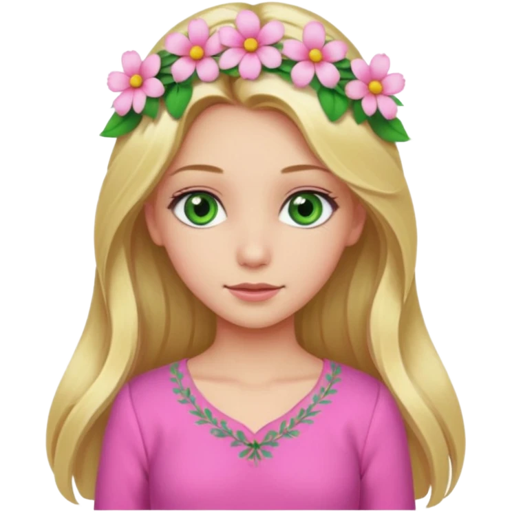 Girl profile picture with long blonde hair and green eyes and a flower in her hair. and a pink outfit emoji