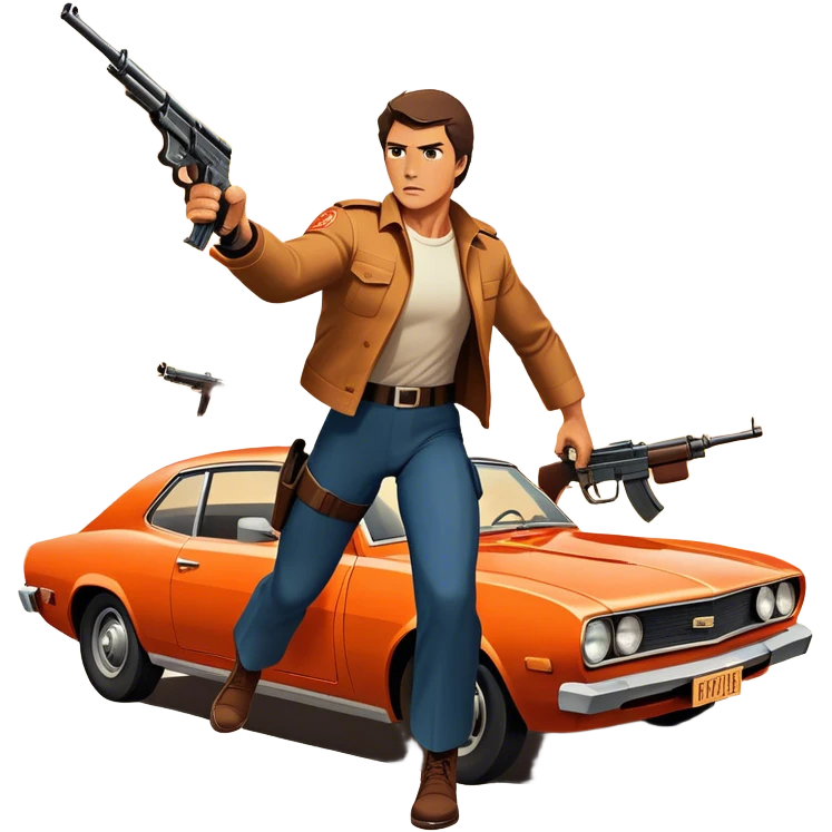 Icon for Action Movie: A vintage movie poster-style design featuring intense action scenes—explosions, gunfire, and dramatic stunts. Include a hero in a dynamic pose with weapons, a car chase, and a fiery background. Retro cinematic feel with bold typography. Transparent background. emoji