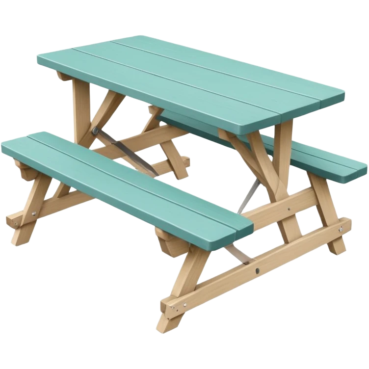 simple rectangular picnic table with attached benches, soft teal color, straight vertical legs, small wheels underneath, flat wood-style silhouette, muted teal tone, clean geometry, minimal shading, slightly theatrical emoji