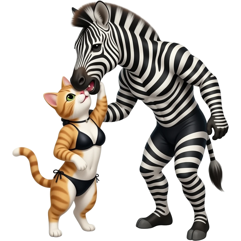 human zebra male biting the cat neck. a human girl cat wearing black bikini emoji