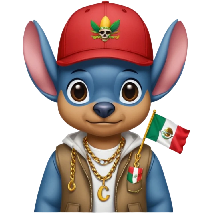 Crea un emogi de stich estilo reguetonero con una gorra con el nombre de Liam y la bandera de México en el pecho y lucho Blin blin emoji