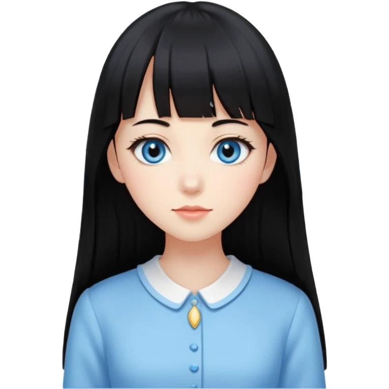 Uma mulher, pele branca, cabelos longos liso preto, franja estilo hime cute, olhos no tom azul celeste, estilo amendoados, cílios delicados longos, usando roupas elegantes emoji