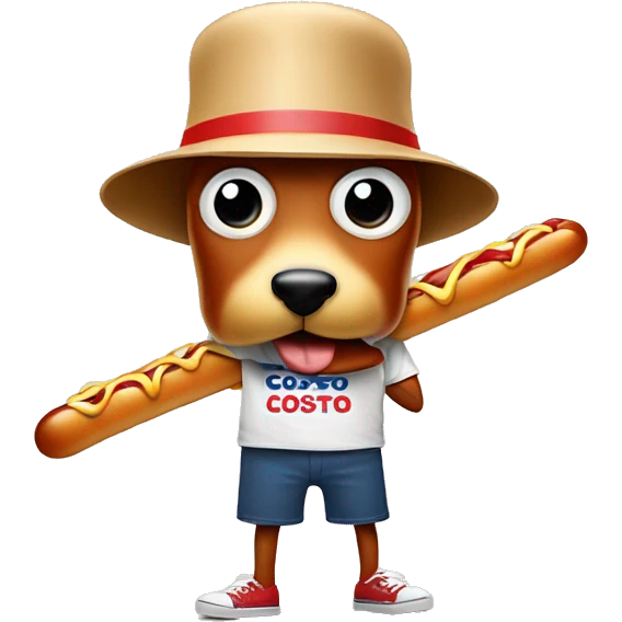 Costco hotdog mascot wearing a Costco bucket hat eating a smaller hotdog emoji