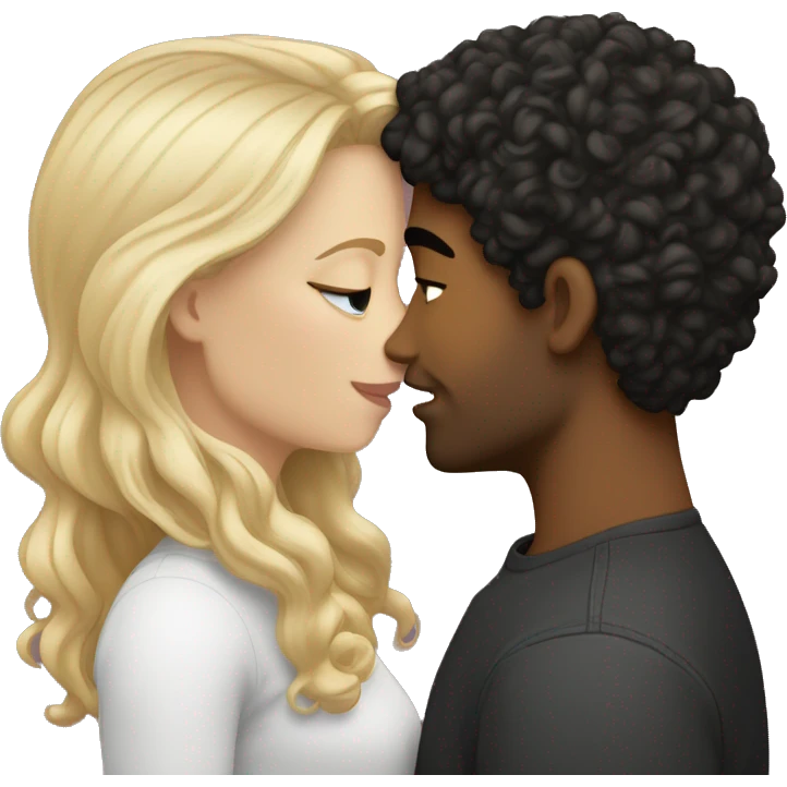 A white girl with blond straight hair kissing a light-skinned brown guy with curly black hair emoji