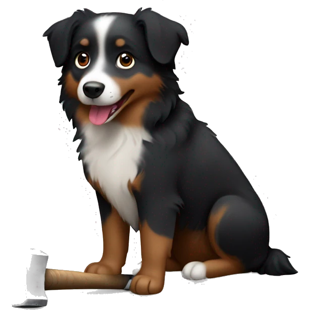 Small black australian shepherd dog building with hammer  emoji