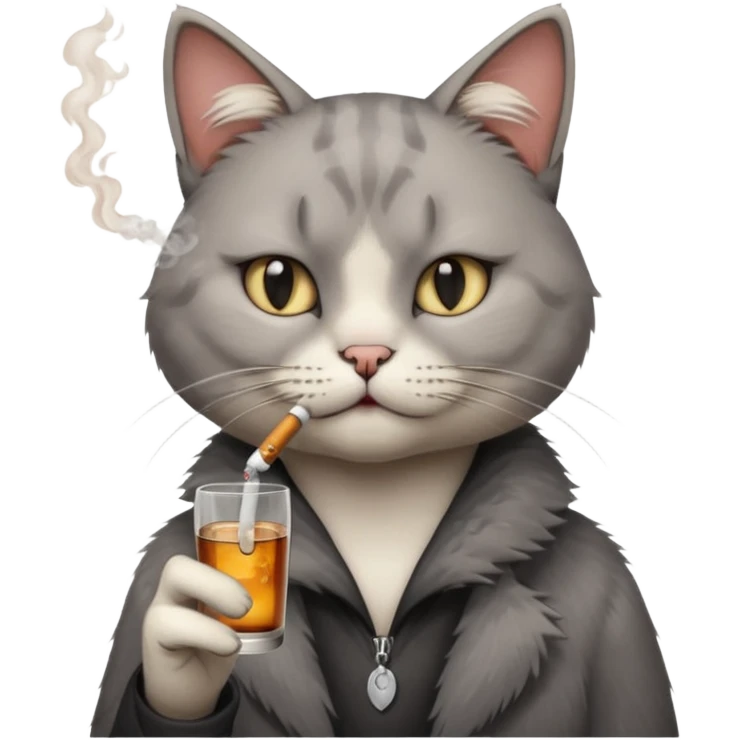 hazme a un gato fumando cigarro mientras toma alcohol y está depre emoji