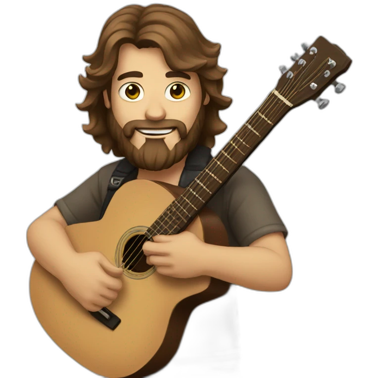 man with beard and long brown hair and a guitar emoji