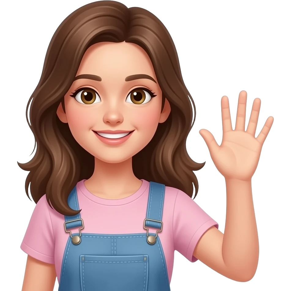 Beautiful 18 years old girl left hand up to say Hi and text down right side " Hi " emoji