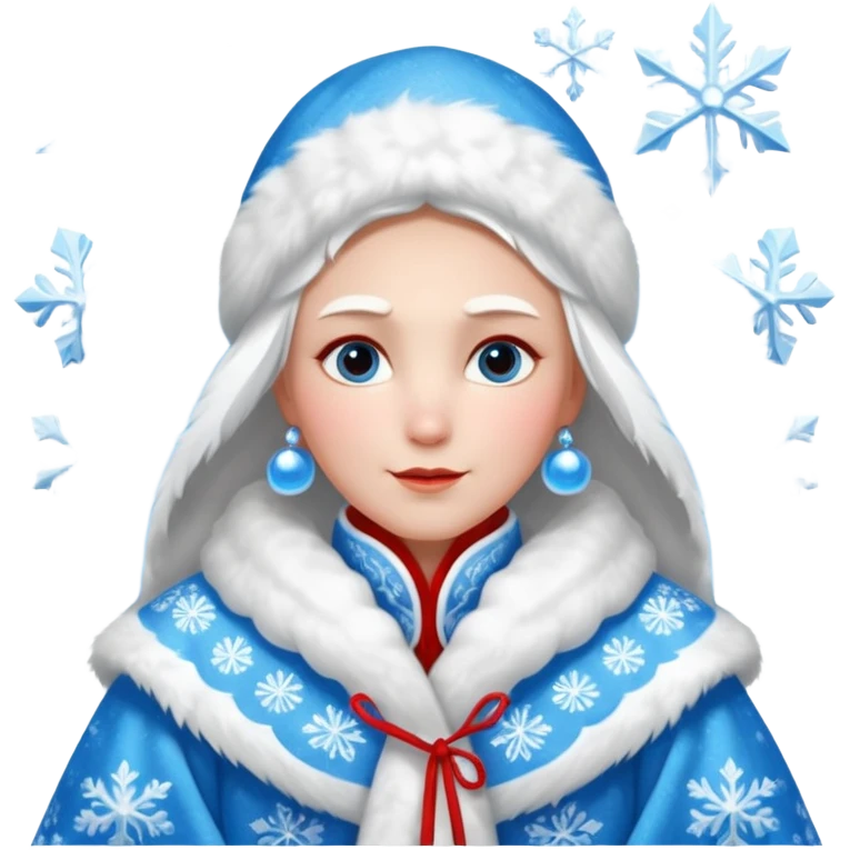 Legendary fantasy human Christmas portrait icon, Grandfather Frost and Snow Maiden style, traditional winter robe with fur, magical snow patterns, kind powerful expression, icy blue and white colors with red accents, classic Slavic winter fairy tale mood, clean readable emoji style, male/female emoji