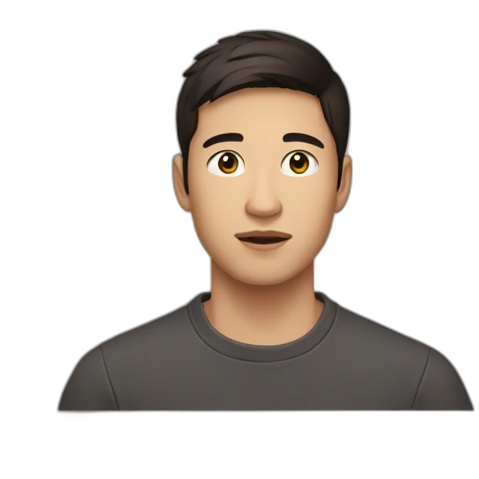 half asian half caucasian 21 year old man with very short dark brown hair wearing crewneck emoji