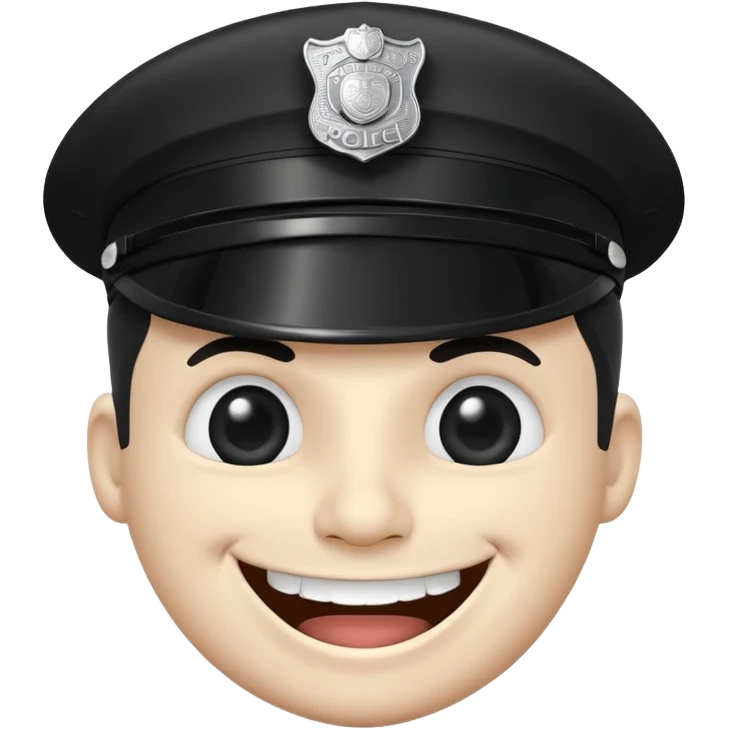 Black-and-white line drawing of a cartoon face with a round head, large round eyes, and a wide toothy grin showing a big happy smile. He is a police officer stopping you. Plain white background, simple and playful style. emoji