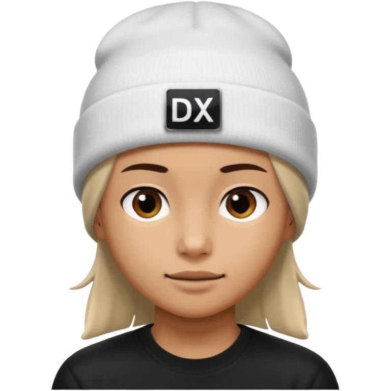 wearing a white beanie with an black square logo with the word "DX" written on it.

 emoji