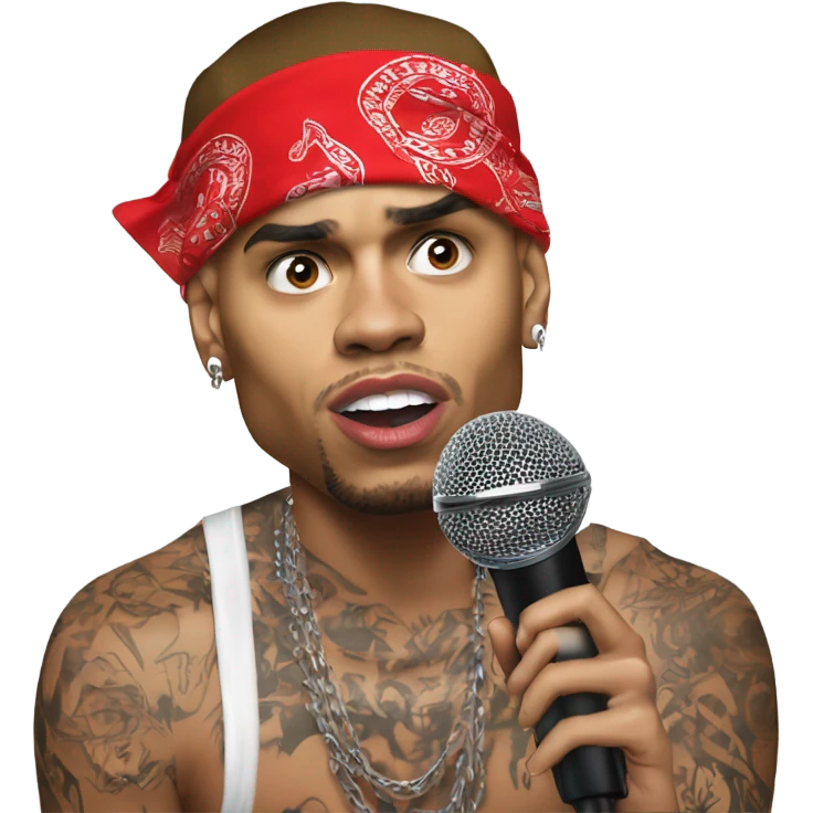 Hyper Realistic Chris brown singing residuals with red patterner bandana mic emoji