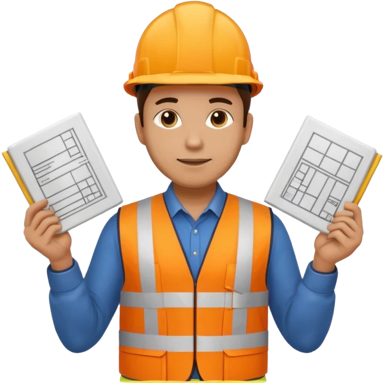 railway engineer in orange safety vest and boots, holding construction plans, emoji style emoji