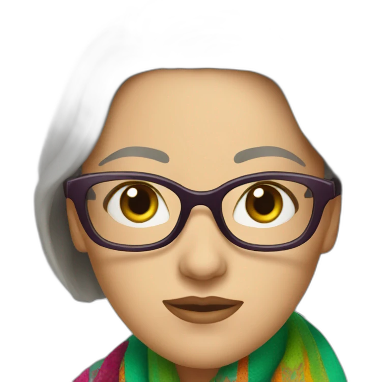 white-woman-with-graying-bob-green-eyes-and-glasses-wearing-colorful-shawl emoji