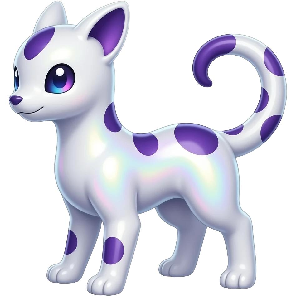 Shiny iridescent glossy oily smooth silky soft White with indigo-Violet-purple-pinkish-gradient markings beautiful handsome gorgeous aesthetic colorful vibrant Vernid-Trico-species-Fakemon-creature by LiLaiRa, 4 legs, 1 tail, random markings, (full body) emoji