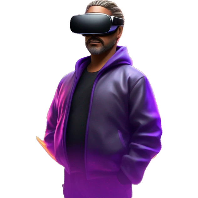 Big Lebowski wearing a black hoodie with "OMG" letters on it and VR headset oculus quest 2 in a cyberpunk VR environment with violet neon lighting. emoji