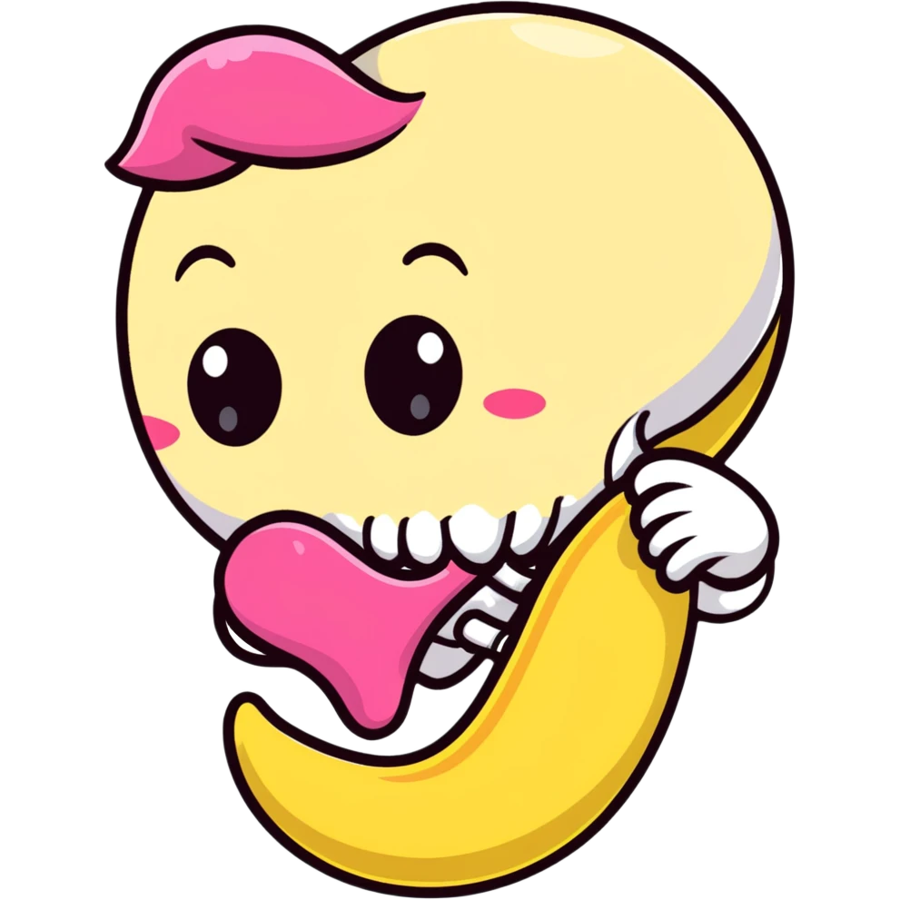kissing emoji with a yellow bone in its mouth, bone has a pink tip emoji