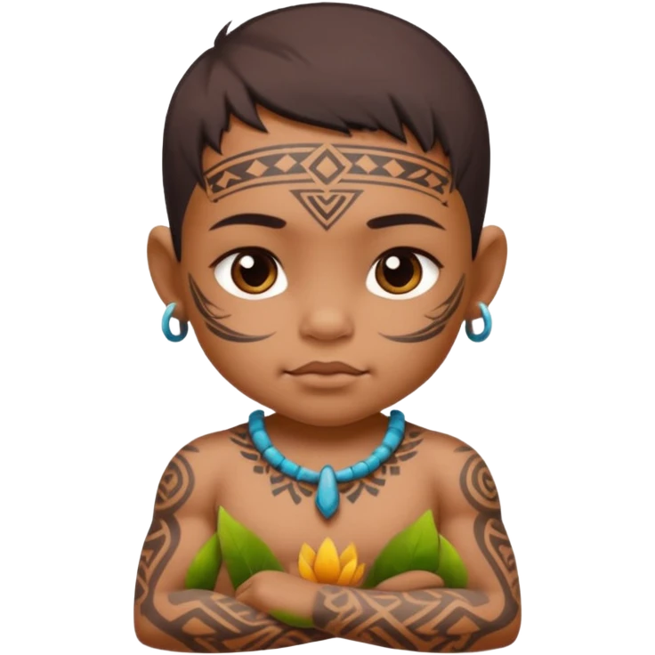 tatooed baby on neck and face, tribal ancient, half body emoji