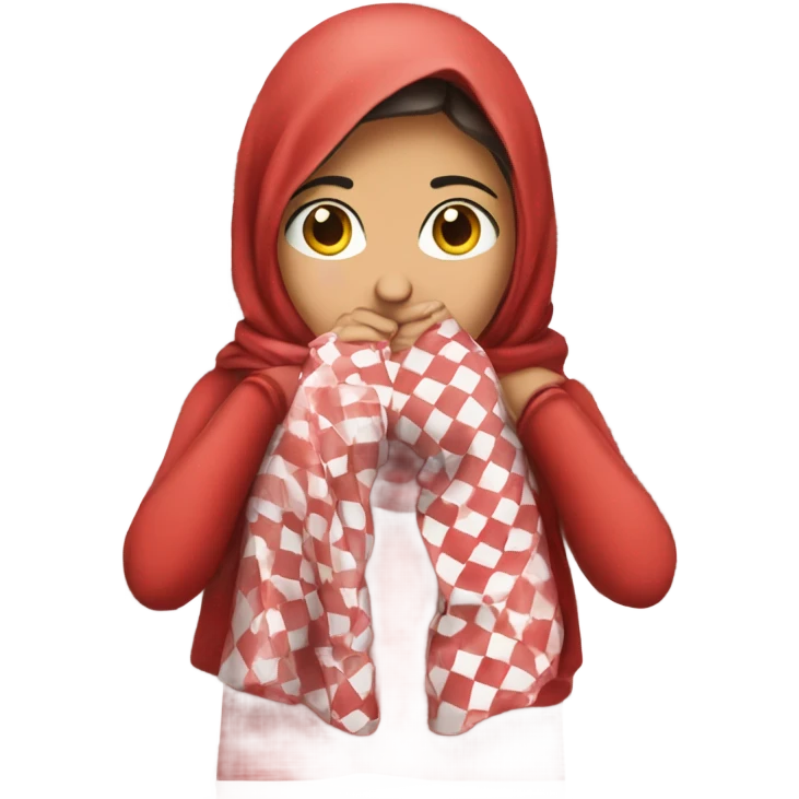 Girl wearing red and white checkered keffiyeh covering mouth hands covering face  emoji