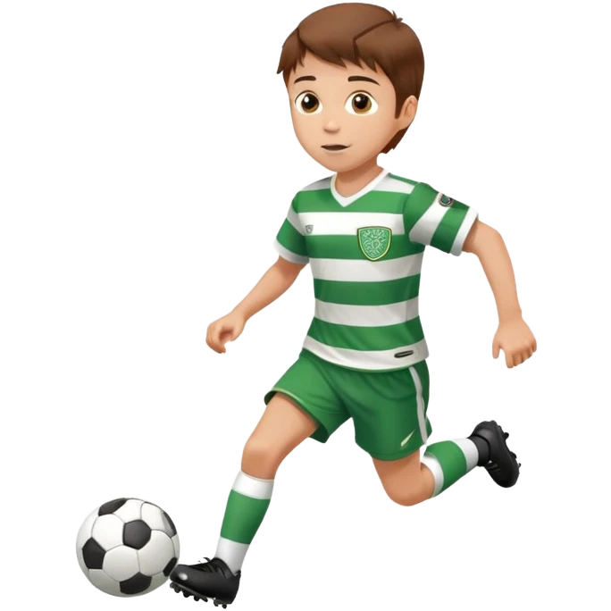 Celtic footballer running 6 years old brown hair white boy , stripes uniform , running with soccer ball # 17 emoji