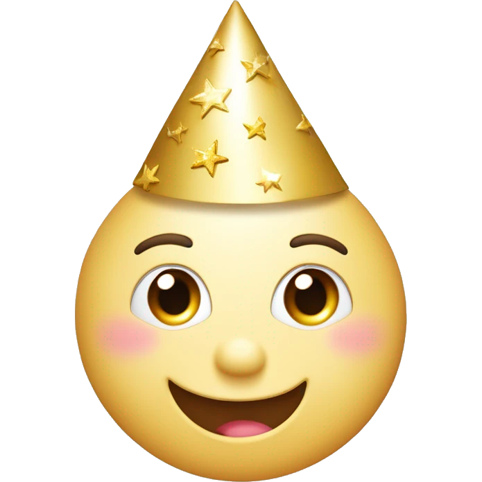 Happy face emoji: A round face, big warm smile, sparkling moon eyes. Eyebrows arched to express good humor, little gold stars near the eyes for a magical touch. Colored party hat slightly askew, rosy cheeks for a cute effect. WHITE FACE emoji