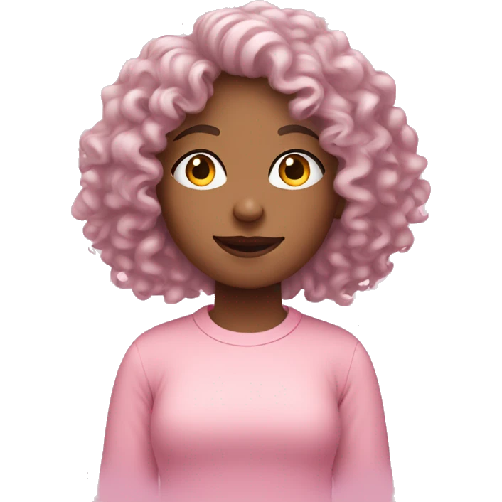Curly haired girl dressed in pastel pink conducting a Podcast emoji