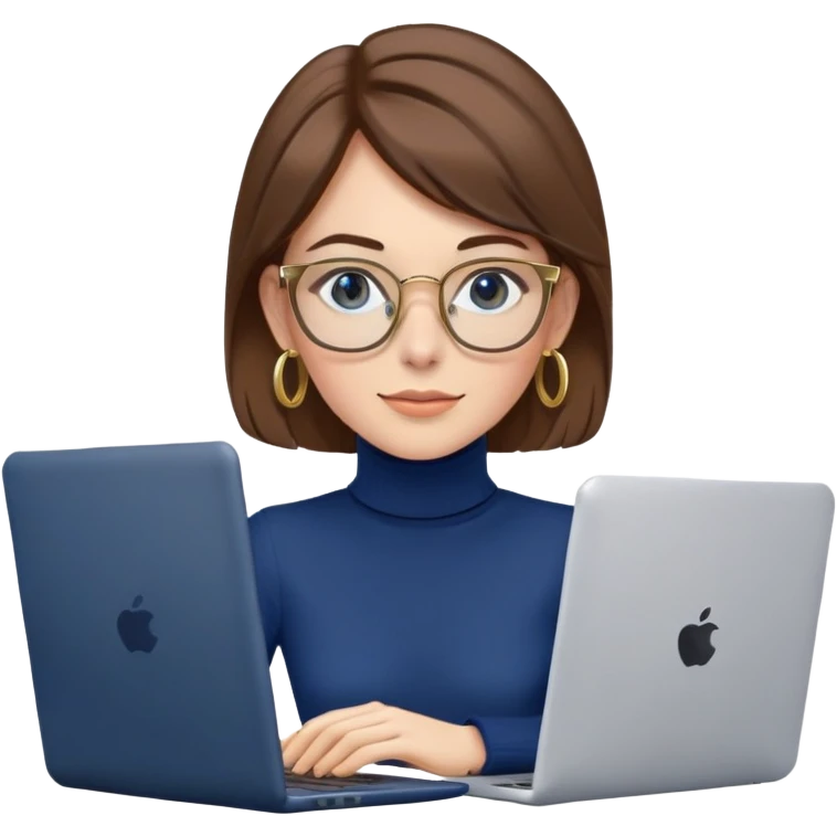 Female programmer with brown hair, navy blue turtleneck, gold hoop earrings, blue computer glasses, using laptop emoji