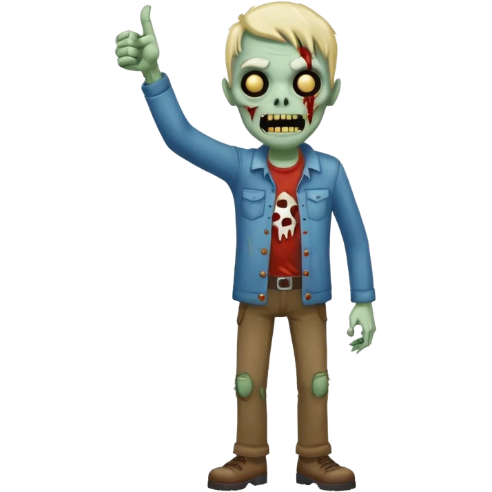 A cute, cheerful, full-length zombie is standing, holding out a hand and a thumbs-up sign. emoji