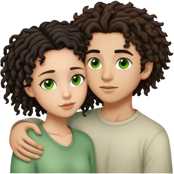 couple holding eachother. the boy is light skinned, short brown dreads, and green eyes.        the girl is light skinned, curly black hair, and brown eyes emoji