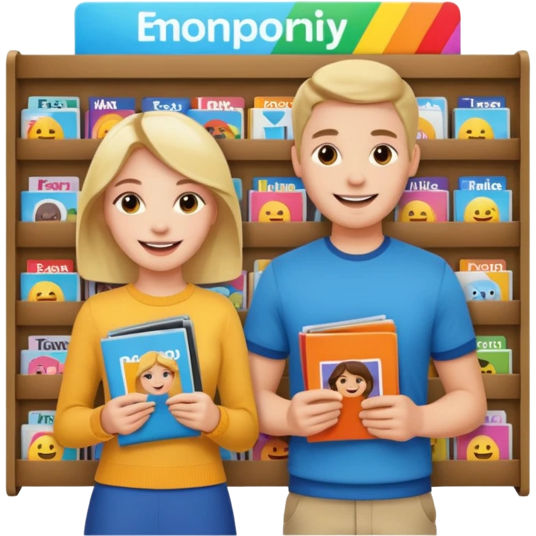 Duas Testemunha de jeová pregando com um display de revistas emoji