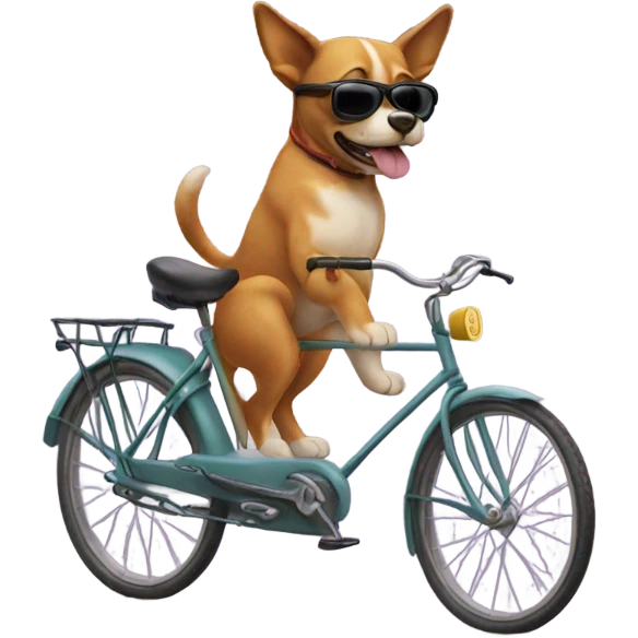 a dog with sunglasses riding a bike with a cat emoji
