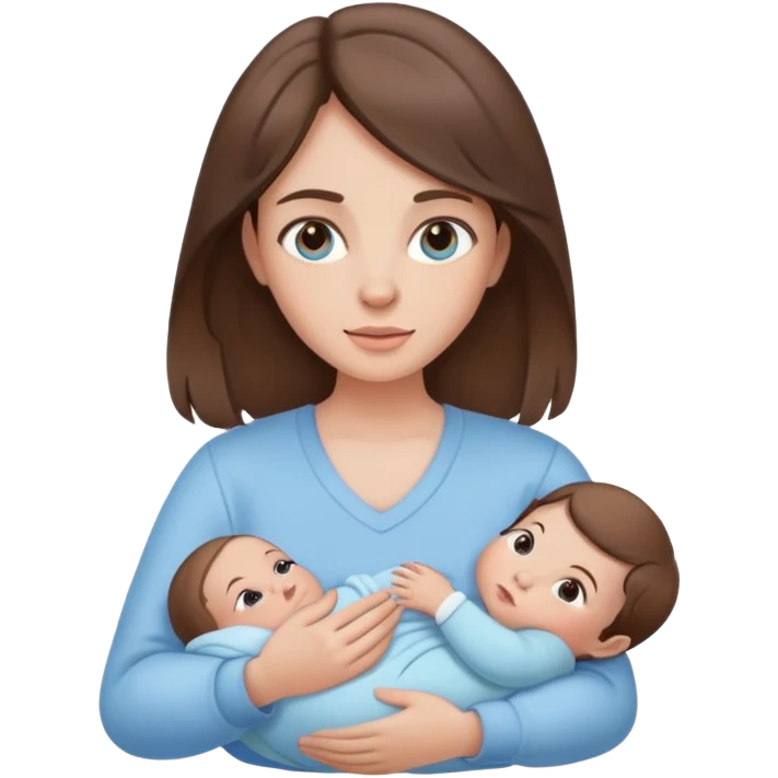 brunette girl with brown hair wearing pastel blue clothes holding a baby emoji