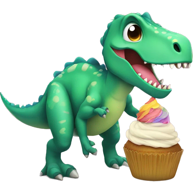 Dinosaur holding a cupcake under a rainbow emoji