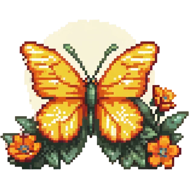 Blue smiling butterfly in springtime with pixel flowers and sunshine emoji