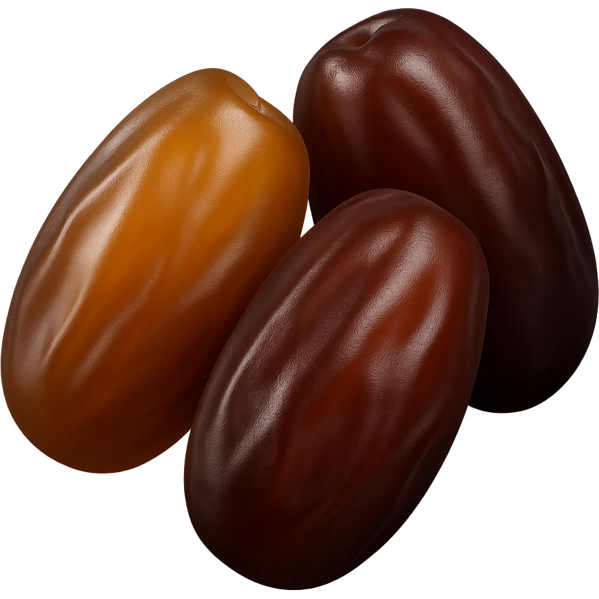 Show exactly two or three whole dates, glossy brown skin, slightly wrinkled, plump and soft, natural shape and color variation from deep amber to mahogany. Clustered together, no plate or extra elements, no faces. Clean 3D, soft shadows, transparent background, emoji scale. emoji