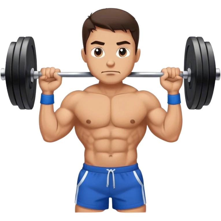 brunette buff man with blue shorts barbell-shrugs emoji