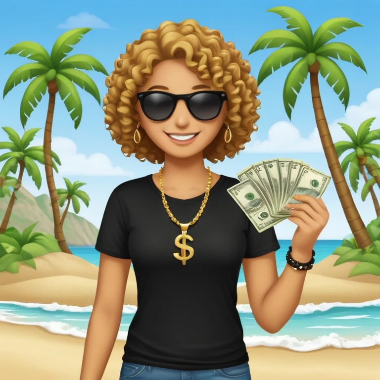 Smiling person with curly hair wearing black t-shirt and necklace, sunglasses, showing dollar bills, beach with palm trees emoji