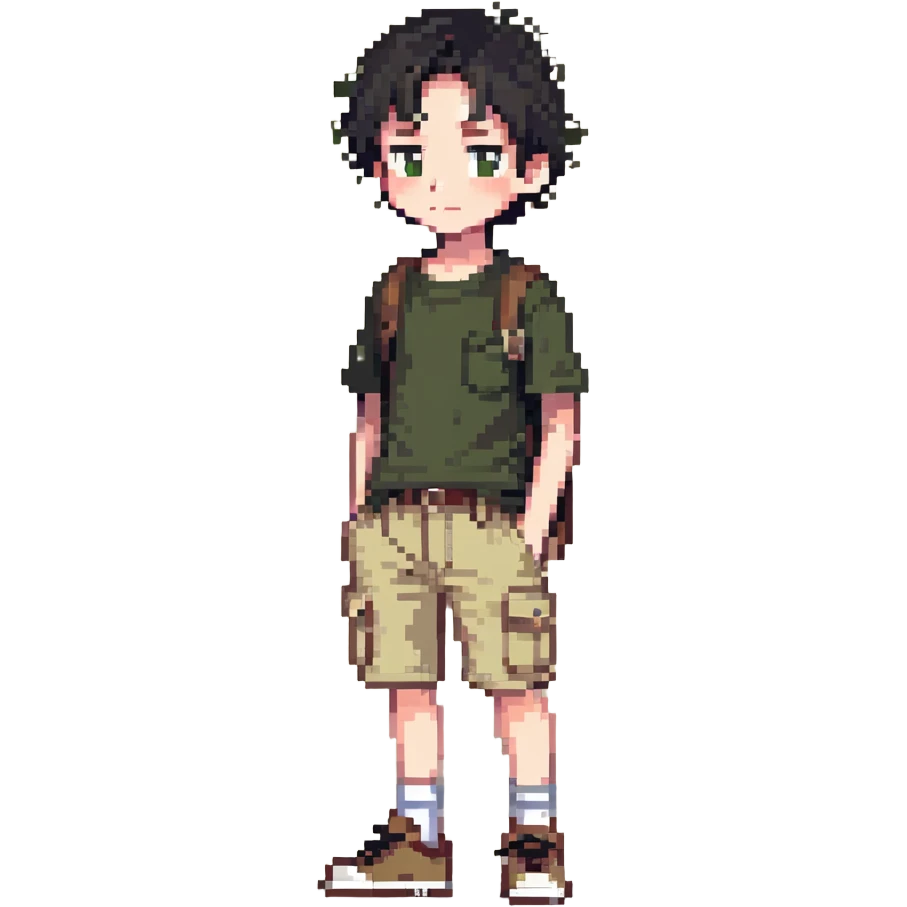 boy wearing an olive-green shirt over a brown T-shirt with beige cargo shorts emoji