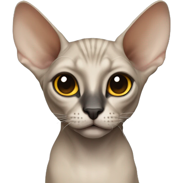 Sphinx cat with grey ears and a skin around eyes, black nose but the skin around the nose and skin at nose is white, eyes are yellow-brown emoji