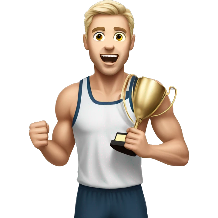 white male athlete is holding a winner trophy and yelling emoji
