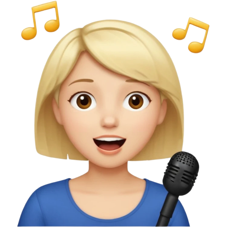 Crea una chica cantando con pelo rubio corto con ojos cafes  emoji