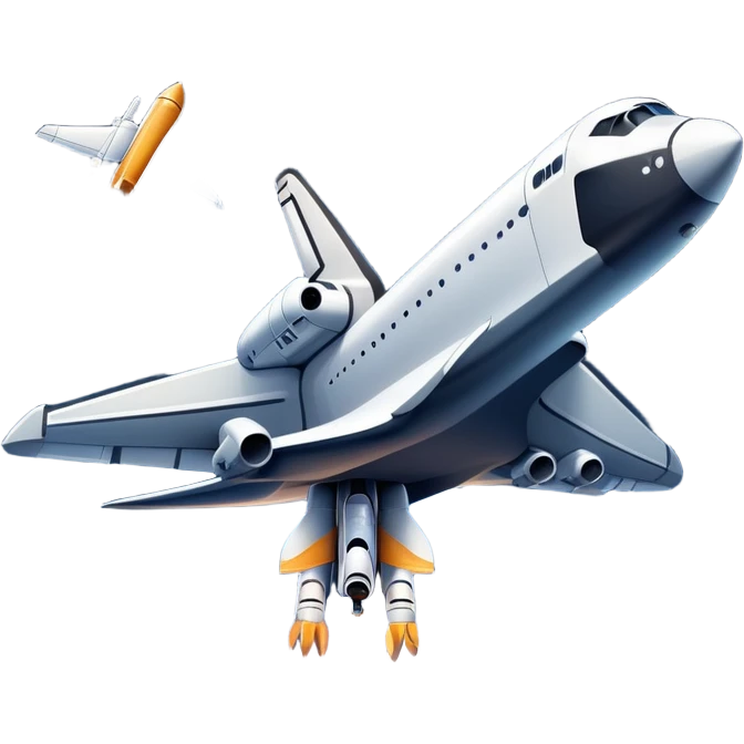 An icon featuring a space shuttle and an airplane against a starry sky, symbolizing aerospace technology. The design includes rocket boosters and satellite orbits, representing the exploration of space and advanced aviation. Transparent background emoji