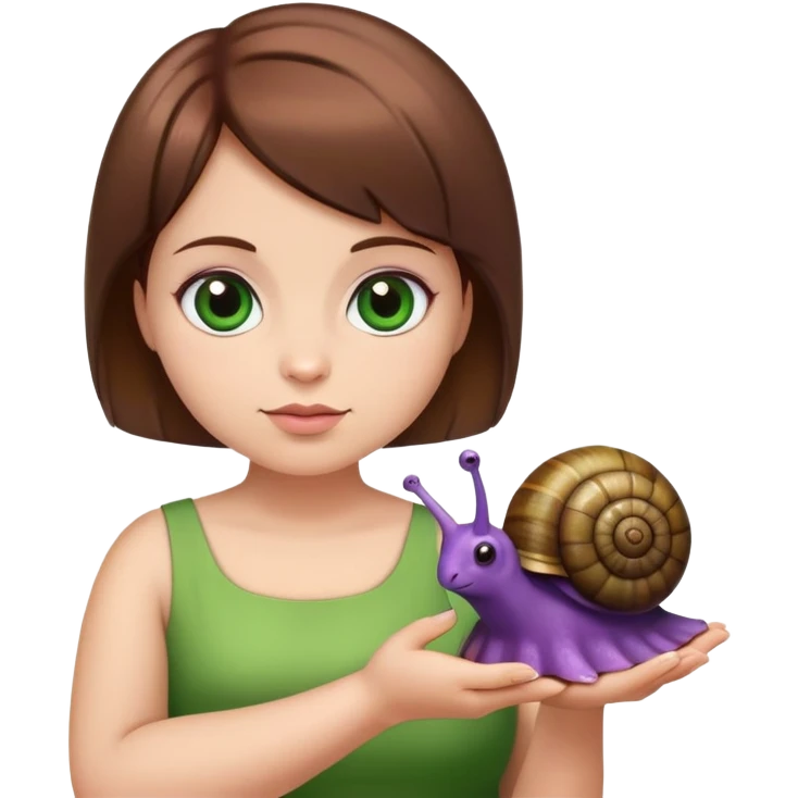 A big girl with short brown hair and purple eyes wearing a green dress holding a snail emoji