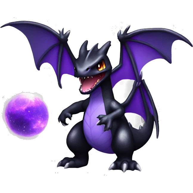 Black shiny nebula chibi Charizard-Raptor-Fakémon with purple accents full body emoji
