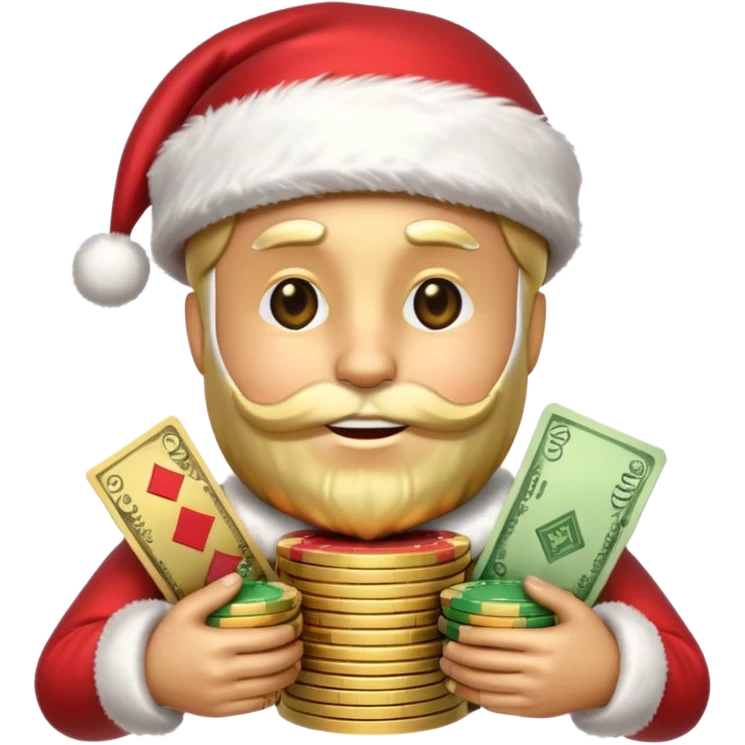 A confident rich emoji face wearing a Santa hat, money stacks, casino vibe, New Year theme, premium 3D emoji style, sharp details, no text, isolated on transparent background emoji